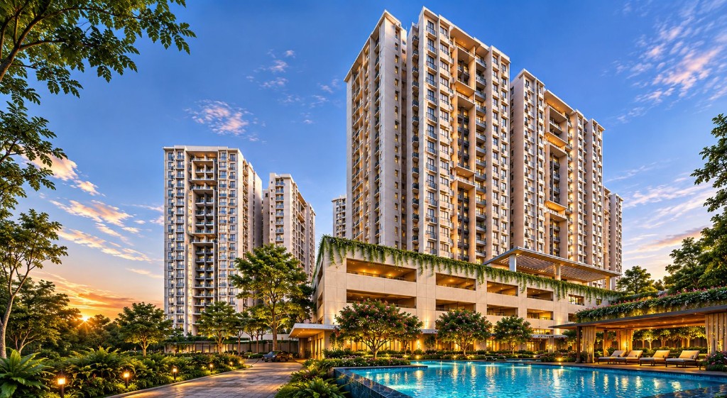 Prestige Hillside Gateway apartment towers and pool in Kakkanad